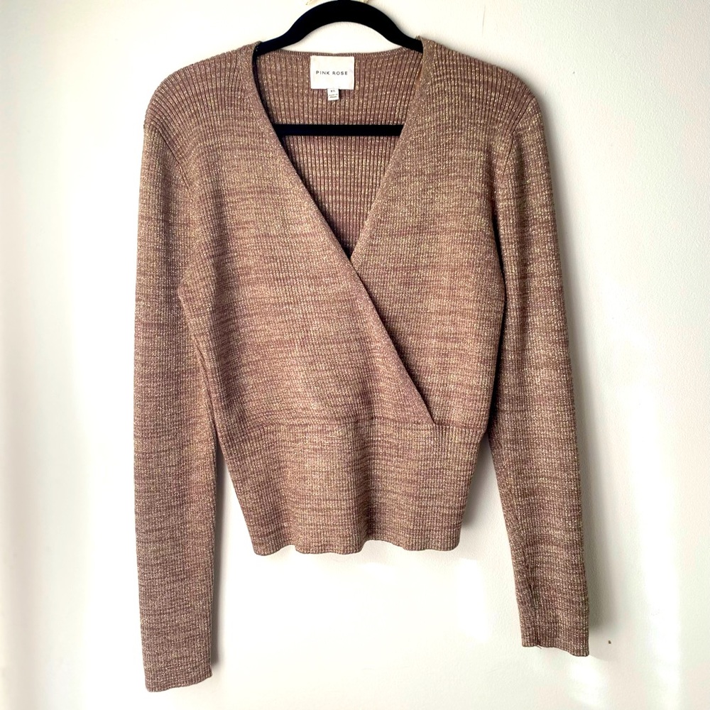 Wrap v neck sweater with gold thread. Size XL